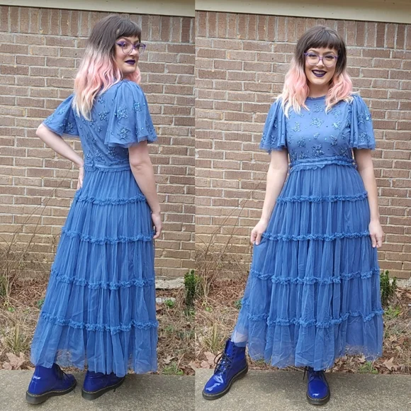 Ivy City Co Blue Anastasia Tiered Beaded Embellished Tulle Maxi Dress Formal - Picture 2 of 13